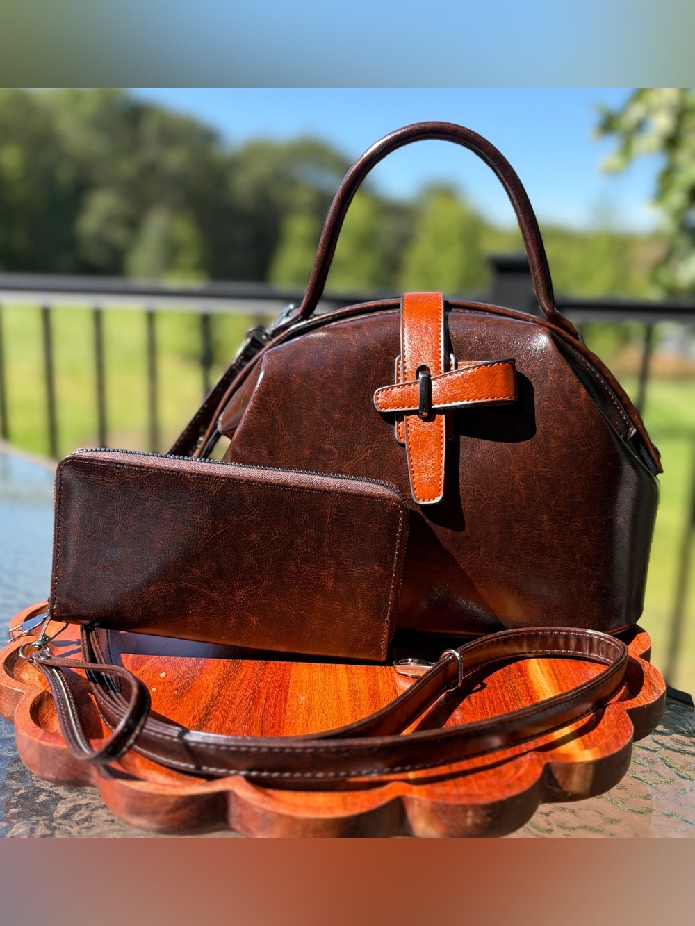 Doctor Bag Vintage-Style Brown Vegan Leather Top Handle Purse & Wallet Set